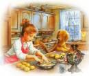 Картина девочка и собака на кухне