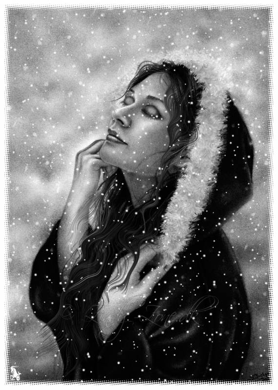 Черно белая девушка на снегу